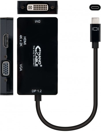 Nanocable 10.16.4301-BK adaptador de cabo de vídeo 0,1 m USB Type-C VGA (D-Sub)+ HDMI + DVI Preto