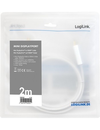 LogiLink CV0123 adaptador de cabo de vídeo 2 m Mini DisplayPort HDMI Type A (Standard) Branco