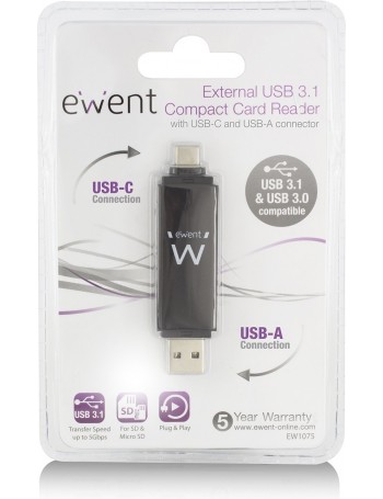 Ewent EW1075 leitor de cartões Preto USB 3.2 Gen 1 (3.1 Gen 1) Type-A Type-C
