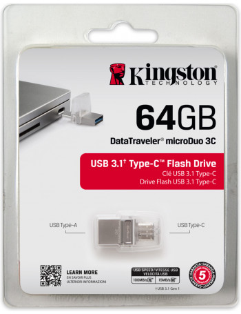 Kingston Technology DataTraveler microDuo 3C 64GB unidade de memória USB USB Type-A   USB Type-C 3.2 Gen 1 (3.1 Gen 1) Preto