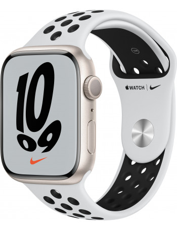 Apple Watch Nike Series 7 GPS, 45mm Starlight Aluminium Case with Pure Platinum/Black Sport Band