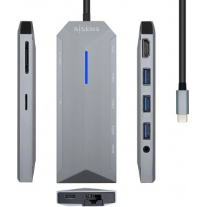 AISENS ASUC-9P001-GR base & duplicador de portas Com fios Thunderbolt 3 Cinzento