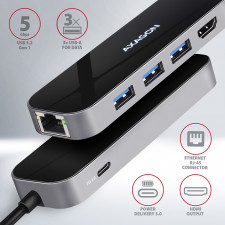 Axagon HMC-6GL base & duplicador de portas USB 3.2 Gen 1 (3.1 Gen 1) Type-C Preto, Cinzento