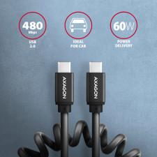 Axagon Data and charging USB 2.0 cable 1.1 m long. PD 60W, 3A. Black twisted. cabo USB 1,1 m USB C Preto