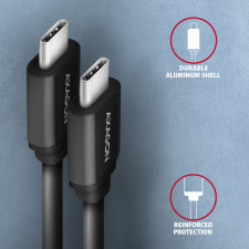 Axagon Data and charging USB 2.0 cable 1.1 m long. PD 60W, 3A. Black twisted. cabo USB 1,1 m USB C Preto