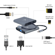 Gembird A-CM-COMBO6-01 base & duplicador de portas USB 3.2 Gen 1 (3.1 Gen 1) Type-C Cinzento