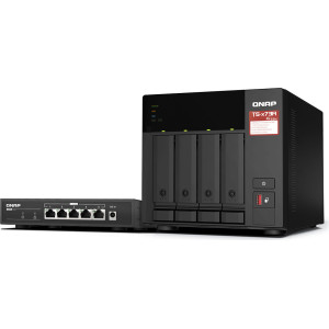QNAP TS-473A + QSW-1105-5T Bundle Pack NAS Tower Ryzen Embedded V1500B 8 GB DDR4 0 TB QNAP Turbo System Preto