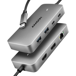 Axagon HUB USB HMC-CUB83X2, USB 10Gbps hub, 2x USB-A, USB-C, HDMI & DP 4k 144Hz, RJ-45 GLAN, PD 100W, kabel USB-C 15cm Com fios