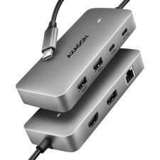 Axagon HUB USB HMC-CUB83X2, USB 10Gbps hub, 2x USB-A, USB-C, HDMI & DP 4k 144Hz, RJ-45 GLAN, PD 100W, kabel USB-C 15cm Com fios