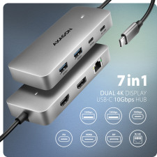 Axagon HUB USB HMC-CUB83X2, USB 10Gbps hub, 2x USB-A, USB-C, HDMI & DP 4k 144Hz, RJ-45 GLAN, PD 100W, kabel USB-C 15cm Com fios