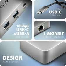 Axagon HUB USB HMC-CUB83X2, USB 10Gbps hub, 2x USB-A, USB-C, HDMI & DP 4k 144Hz, RJ-45 GLAN, PD 100W, kabel USB-C 15cm Com fios