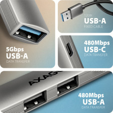 Axagon HUB USB HUE-STA, 4x USB ALU STRIP hub, 1x USB-A 5Gbps, 2x USB-A & 1x USB-C 480Mbps, kabel USB-A 12cm USB 3.2 Gen 1 (3.1
